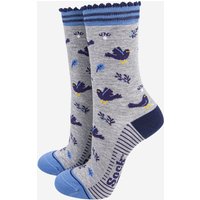 Sock Talk Women's Blackbirds Garden Leaves Bamboo Socks -Grey in Grey | Size: 3-7