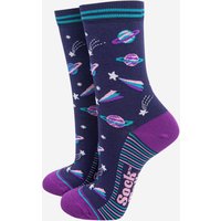 Sock Talk Women's Outer Space Shooting Stars Planets Bamboo Ankle Socks in Navy | Size: 3-7
