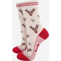 Sock Talk Women's Christmas Reindeer Stags Holly Bamboo Ankle Socks Cream Red | Size: 3-7