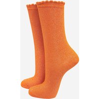 Sock Talk Women's Scalloped Cuff Cotton Glitter Ankle Socks in Tangerine | Size: 3-7
