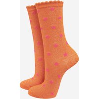 Sock Talk Women's Star Print Cotton Glitter Socks Scalloped Cuff in Orange | Size: 3-7