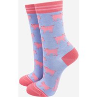 Sock Talk Women's Pink Pigs Farm Animals Bamboo Ankle Socks in Blue | Size: 3-7
