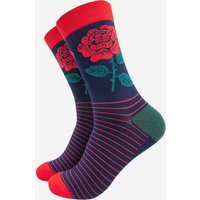 Sock Talk Men's English Rose Bamboo Socks - Navy/Red in Red | Size: 7-11