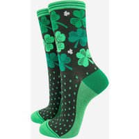 Sock Talk Women's Irish Shamrock Lucky Four Leaf Clover Bamboo Socks -Green in Green | Size: 3-7
