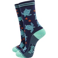Sock Talk Women's Sea Turtles Starfish Bamboo Socks in Navy | Size: 3-7