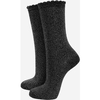Sock Talk Women's Scalloped Cuff Cotton Glitter Ankle Socks in Metallic Silver | Size: 3-7