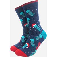 Sock Talk Men's Christmas Jellyfish Bamboo Socks - Navy Blue/Red in Blue | Size: 7-11
