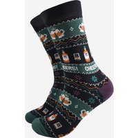 Sock Talk Men's Fair Isle Whisky Beer Christmas Party Bamboo Socks - Black/Green in Black | Size: 7-11