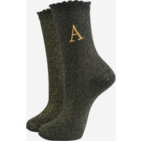 Sock Talk Women's Embroidered Initial Alphabet Letter A Glitter Socks - Black/Gold in Black | Size: 3-7