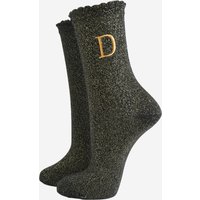 Sock Talk Women's Embroidered Initial Alphabet Letter D Glitter Socks - Black/Gold in Black | Size: 3-7