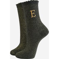 Sock Talk Women's Embroidered Initial Alphabet Letter E Glitter Socks - Black/Gold in Black | Size: 3-7