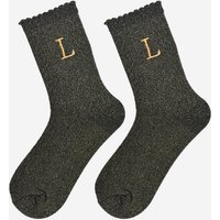 Sock Talk Women's Embroidered Initial Alphabet Letter L Glitter Socks - Black/Gold in Black | Size: 3-7