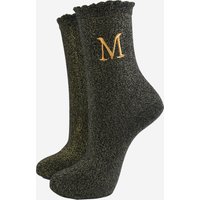 Sock Talk Women's Embroidered Initial Alphabet Letter M Glitter Socks - Black/Gold in Black | Size: 3-7