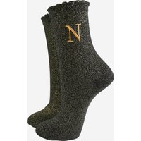 Sock Talk Women's Embroidered Initial Alphabet Letter N Glitter Socks - Black/Gold in Black | Size: 3-7