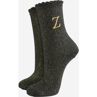 Sock Talk Women's Embroidered Initial Alphabet Letter Z Glitter Socks - Black/Gold in Black | Size: 3-7