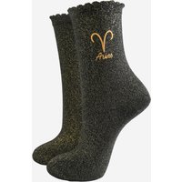 Sock Talk Women's Embroiderd Aries Zodiac Cotton Glitter Socks in Black | Size: 3-7