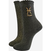 Sock Talk Women's Embroiderd Pisces Zodiac Cotton Glitter Socks in Black | Size: 3-7