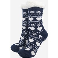 Sock Talk Women's Fair Isle Long Fluffy Socks Slippers with Grips in Navy | Size: 3-7