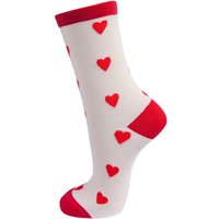 Sock Talk Women's Bamboo Socks- Cream/Red, Hearts in Red | Size: 3-7