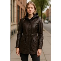 Infinity Leather Women's Leather Hooded Parka Jacket-Clare in Brown | Size: 18