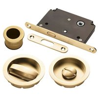 Loops Sliding Bathroom Door Flush Pull Set Turn & Release Lock Satin Brass in Metallics