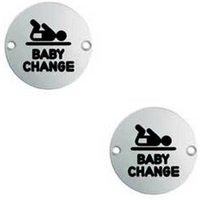 Loops 2x Bathroom Door Baby Change Sign 64mm Fixing Centres 76mm Dia Satin Steel in Metallics