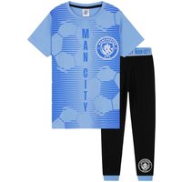 Manchester City FC Boy's Long Pyjama Set Nightwear PJ 2 Piece Football T-Shirt & Bottoms Sleepwear in Blue | Size: 13-14 Years