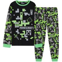 Minecraft Boy's Long Pyjama Set Cotton 2 Piece Top & Bottoms PJ Sleepwear Nightwear in Black | Size: 9-10 Years
