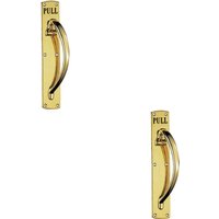 Loops 2x Curved Right Handed Door Pull Handle Engraved with 'Pull' Polished Brass in Metallics