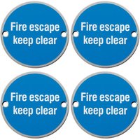 Loops 4x Fire Door Keep Clear Sign 64mm Fixing Centres 76mm Dia Satin Steel in Metallics
