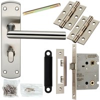 Loops Door Handle & Bathroom Lock Pack Satin Nickel Modern Mitred Round Bar Backplate in Metallics