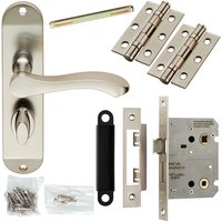 Loops Door Handle & Bathroom Lock Pack Satin Chrome Scroll Lever Thumb Turn Backplate