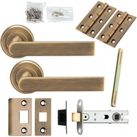 Loops Door Handle & Latch Pack Antique Brass Rectangular Lever Screwless Round Rose in Metallics