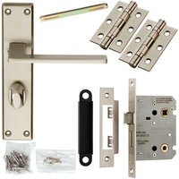 Loops Door Handle & Bathroom Lock Pack Satin Chrome Flat Arm Square Thumb Backplate