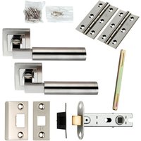 Loops Door Handle & Latch Pack Polished & Satin Steel Square Cut Bar Screwless Rose in Metallics