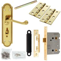 Loops Door Handle & Bathroom Lock Pack Brass Scroll Lever Thumb Reeded Backplate in Metallics