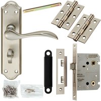 Loops Door Handle & Bathroom Lock Pack Satin Chrome Victorian Curved Ornate Backplate