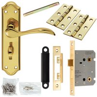Loops Door Handle & Bathroom Lock Pack Brass Victorian Curved Thumbturn Backplate in Metallics