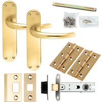 Loops Door Handle & Latch Pack Satin Brass Slim Round Bar Lever Curved Backplate in Metallics