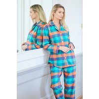 British Boxers Women's "Acorn Squash" Check Brushed Cotton Pyjama Set in Teal | Size: Medium