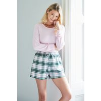 British Boxers Women's "Burnet Rose" Tartan Brushed Cotton Sleep Shorts in Baby Pink | Size: Large