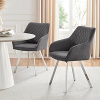 FurnitureboxUK Set of 2 Falun Deep Padded Dining Chairs Upholstered in Soft & Durable Fabric With Silver Chrome Legs in Dark Grey