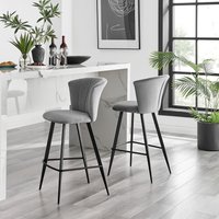 FurnitureboxUK Set of 2 Juniper Soft Touch Velvet Fluted Art Deco Counter Stools With Black Metal Legs in Grey