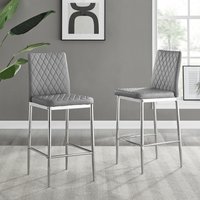 FurnitureboxUK Set of 2 Milan Hatched Faux Leather Padded Counter Stools With Silver Chrome Metal Legs in Grey