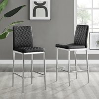 FurnitureboxUK Set of 2 Milan Hatched Faux Leather Padded Counter Stools With Silver Chrome Metal Legs in Black