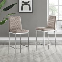 FurnitureboxUK Set of 2 Milan Hatched Faux Leather Padded Counter Stools With Silver Chrome Metal Legs in Beige
