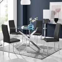 FurnitureboxUK Leonardo Glass & Chrome Metal Dining Table & 4 Milan Chairs Set in Black