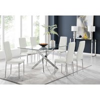 FurnitureboxUK Leonardo Glass & Chrome Metal Dining Table & 6 Milan Chairs Dining Set in White