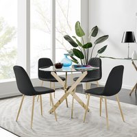 FurnitureboxUK Novara 100cm Round Tempered Glass Dining Table with Gold Legs & 4 Corona Faux Leather Chairs in Black