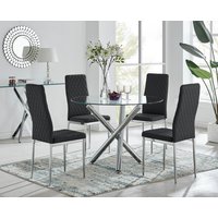 FurnitureboxUK Selina Chrome Round Glass Dining Table & 4 Milan Dining Chairs in Black | Size: 4 Person